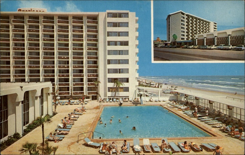 Americano Beach Lodge  Daytona Beach FL ~ T-Bird Cadillac cars ~ pool ~ postcard