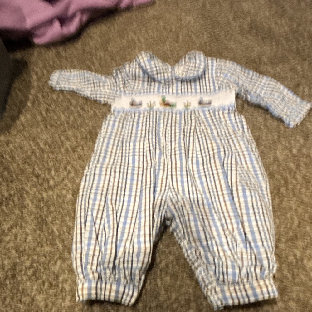 Bunnies by the Bay Blue White Plaid Coverall 6M Long Sleeve Cotton Button