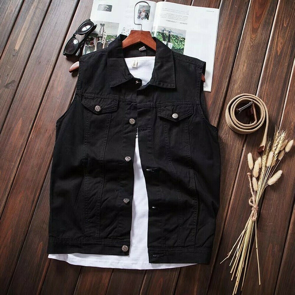 Mens Sleeveless Biker Vest With Collar, Denim Jacket