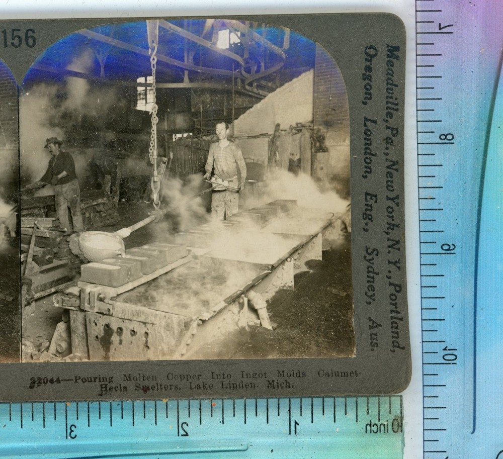 Pouring Molton Copper Lake Linden MI Michigan Keystone Stereoview