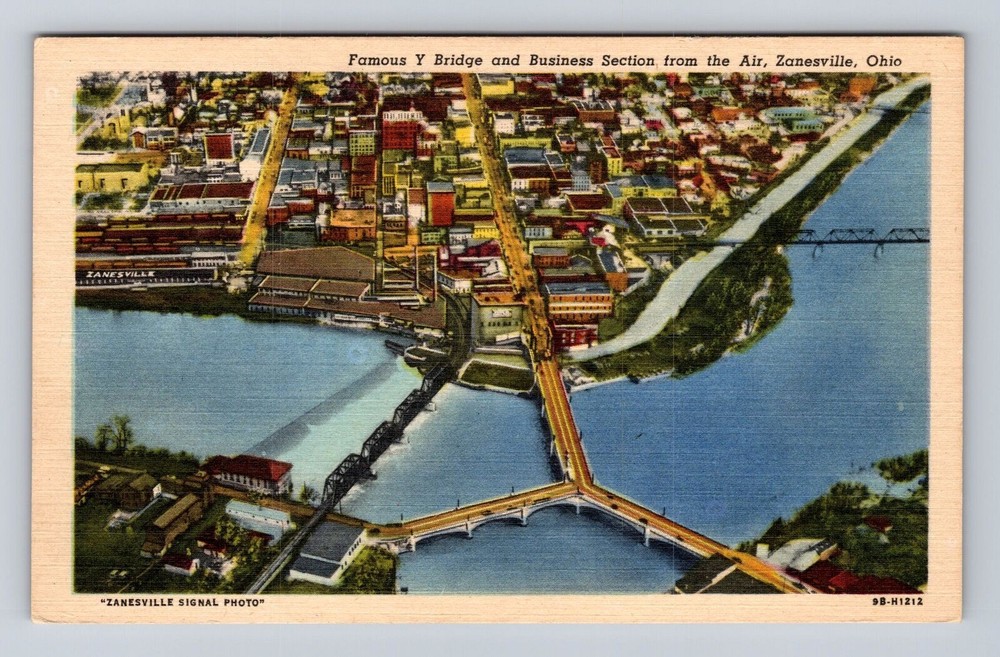 Zanesville OH-Ohio, Aerial Y Bridge, Muskingum & Licking Rivers Vintage Postcard