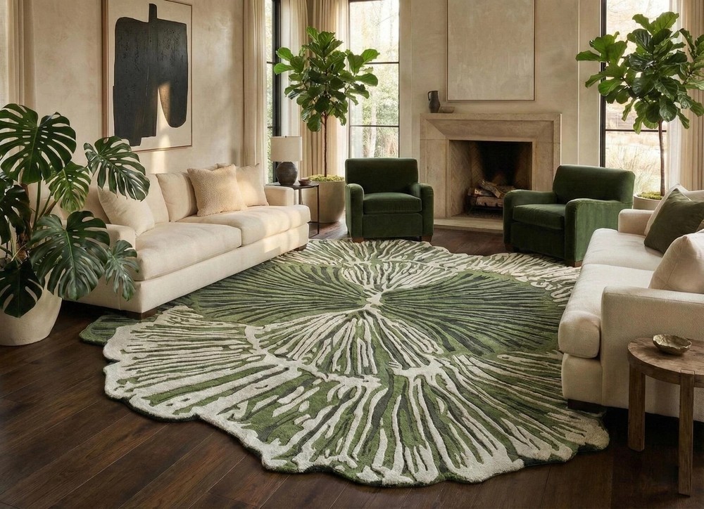 Hand Tufted Green Botanical Leaf Rug | Modern Wool Area Carpet 8x10 9x12