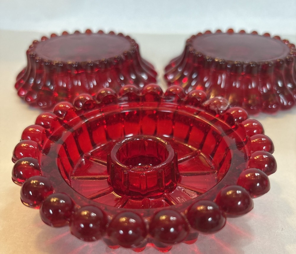 Vintage Set Of 3 Anchor Hocking Ruby Red UV Cadmium Glow Candle Holders