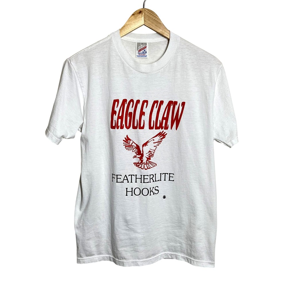 Vintage Eagle Claw Shirt Mens Medium White Jerzees Fishing Hooks Graphic Tee 90s