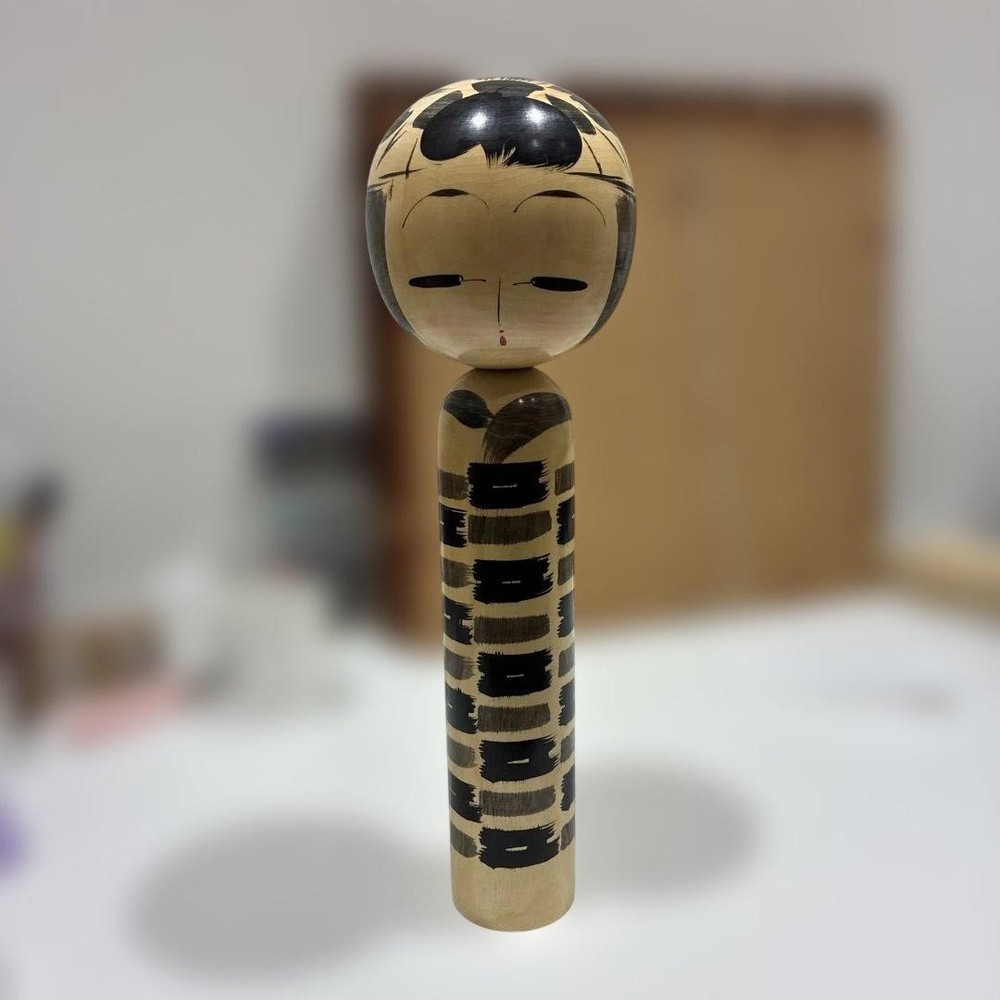 Traditional Wooden Kokeshi Doll 37cm Black Geometric Decor