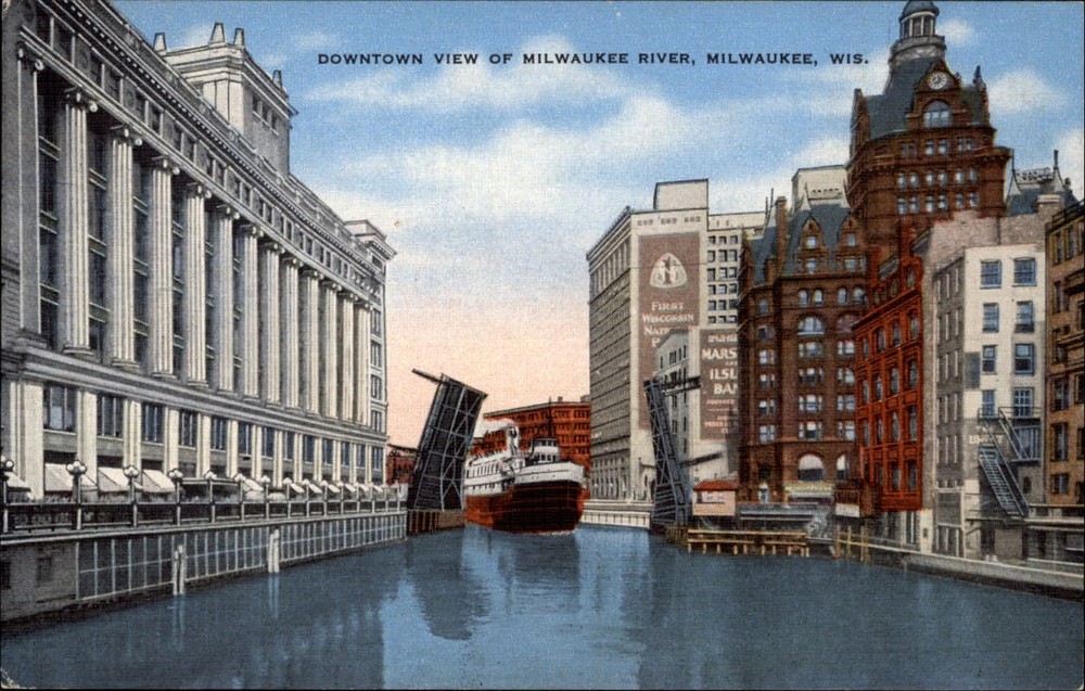 Downtown Milwaukee River Wisconsin freighter ~ 1940s linen postcard