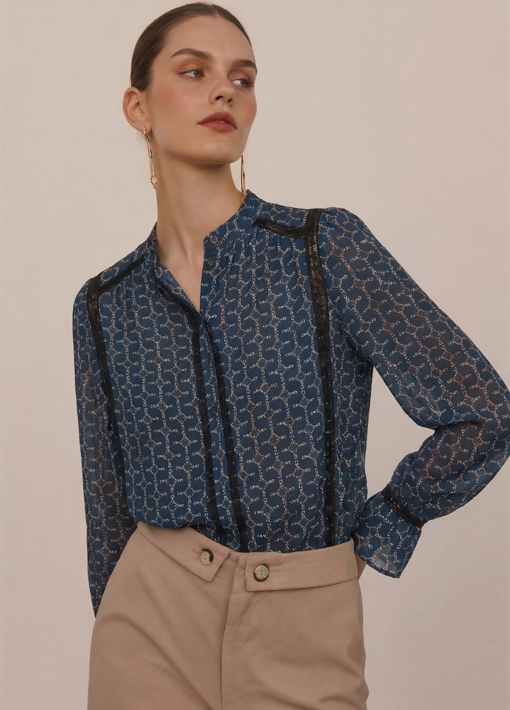 REISS Women’s Chainlink Print Button Up Shirt Navy Long Sleeve Blouse Size 2