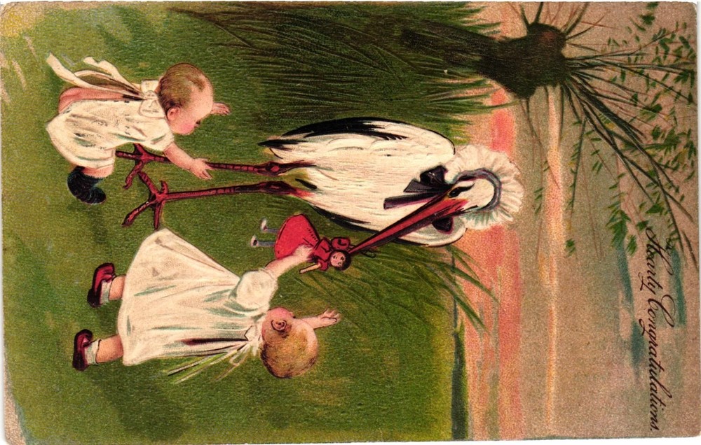 Vintage Postcard- Babies playing with a stork Early 1900s