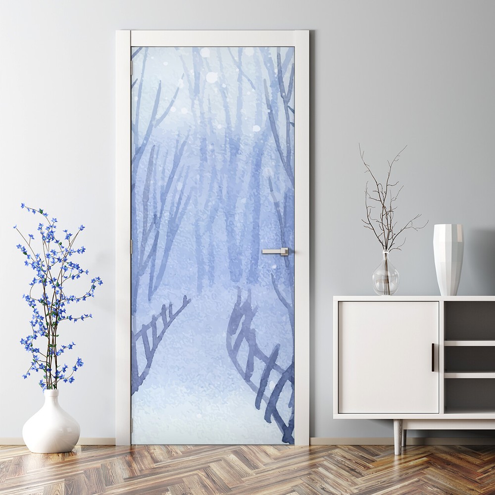 Frosty Blue Winter Forest Bubble-Free Door Sticker Decal