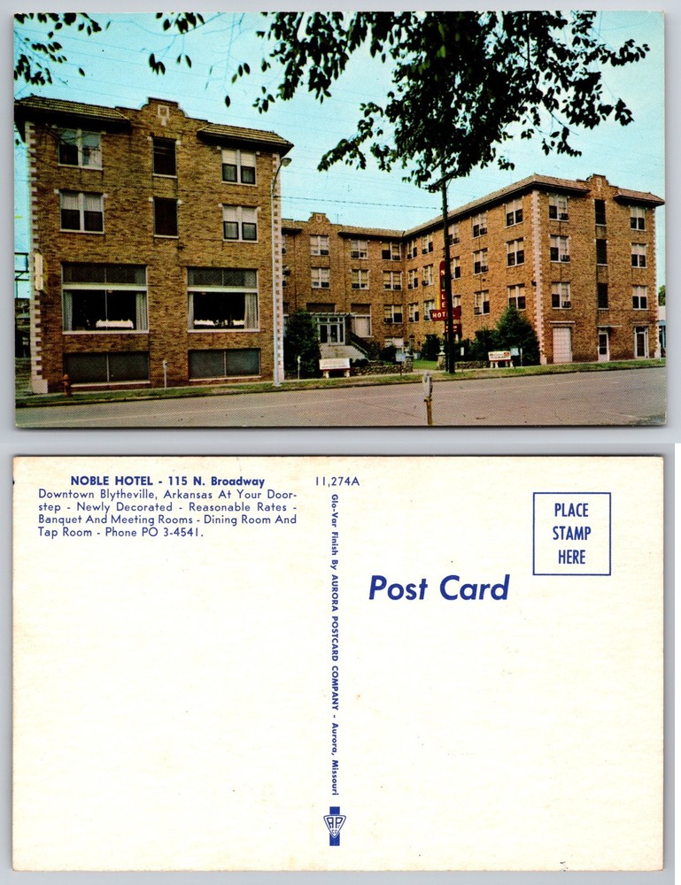 Noble Hotel Blytheville Arkansas Street View Postcard