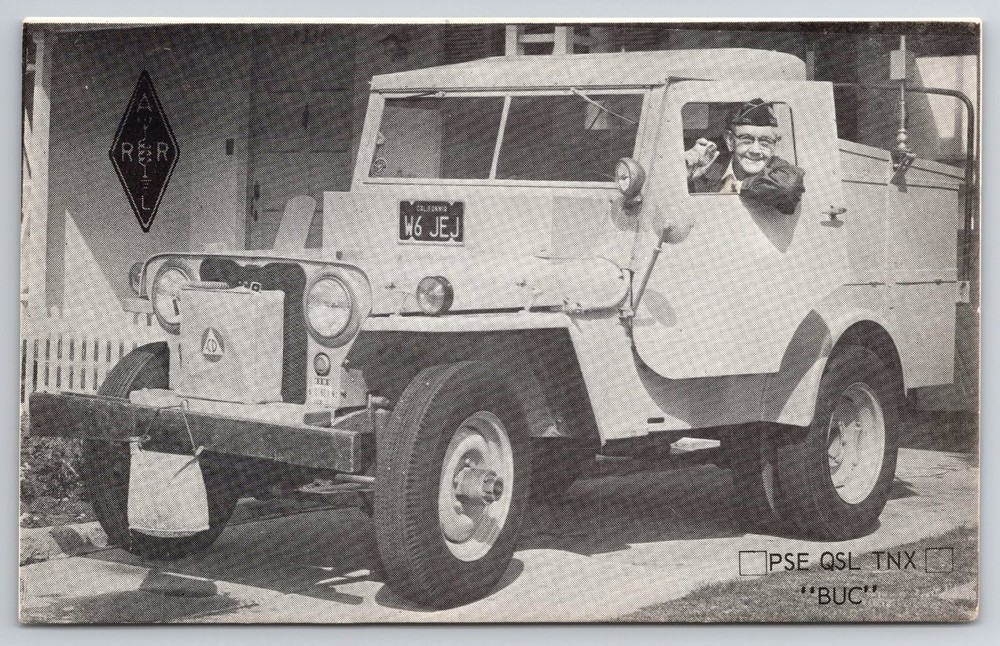 Vintage QSL Postcard W6 JEJ Amateur Ham Radio Operator & Custom Jeep Inglewood