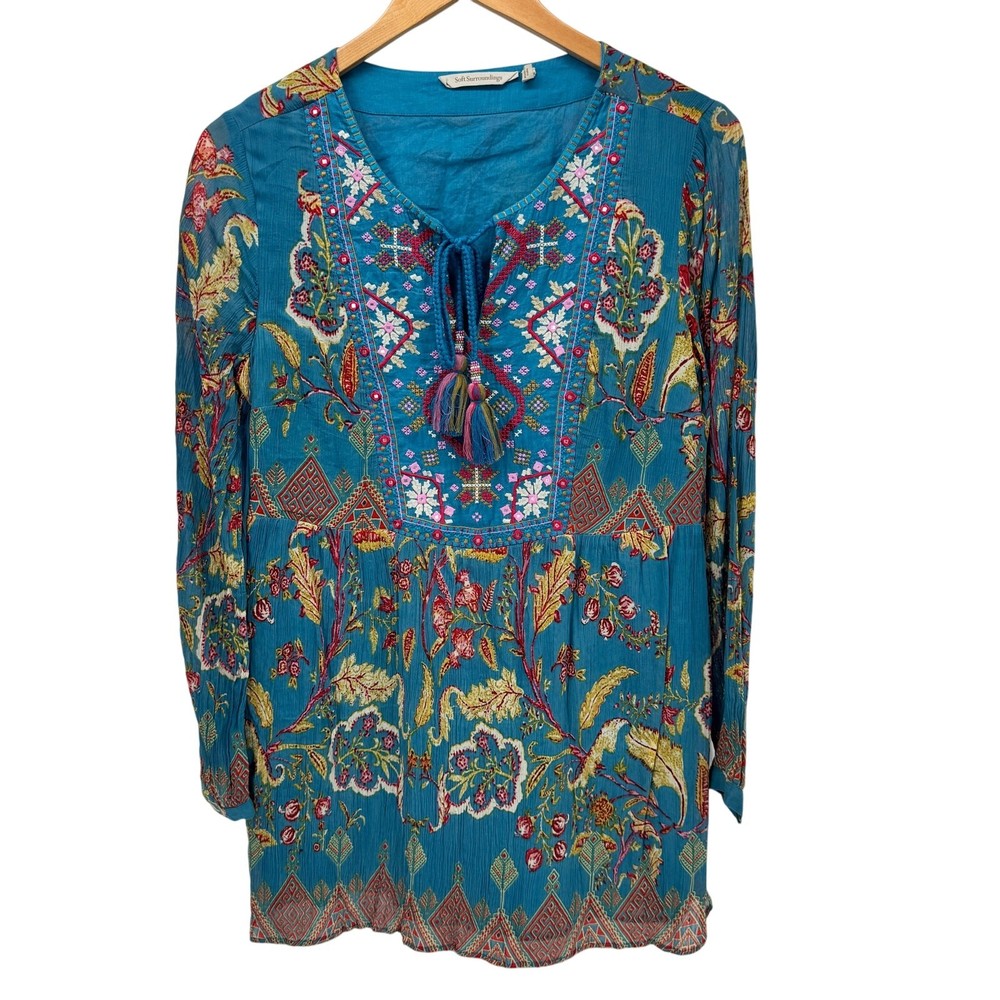 Soft Surroundings Blouse Womens Small Blue Mirapani Tunic Embroidered Boho Top