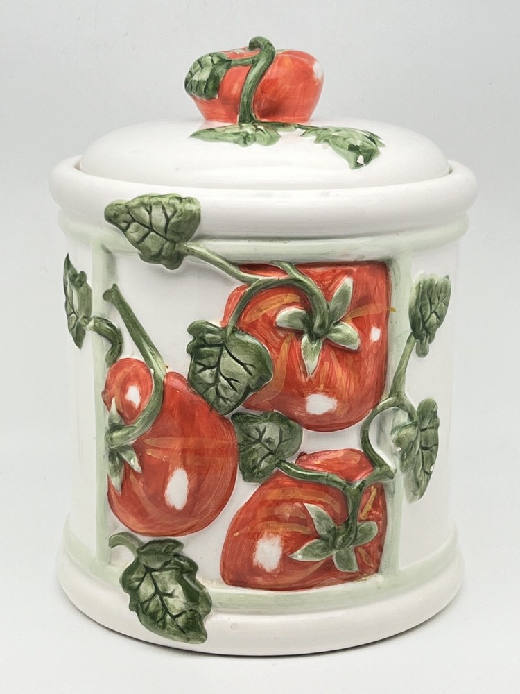 Vintage Clay Art 1996 Italian Harvest Canister Tomato Hand Painted Read 8.5”x6”D