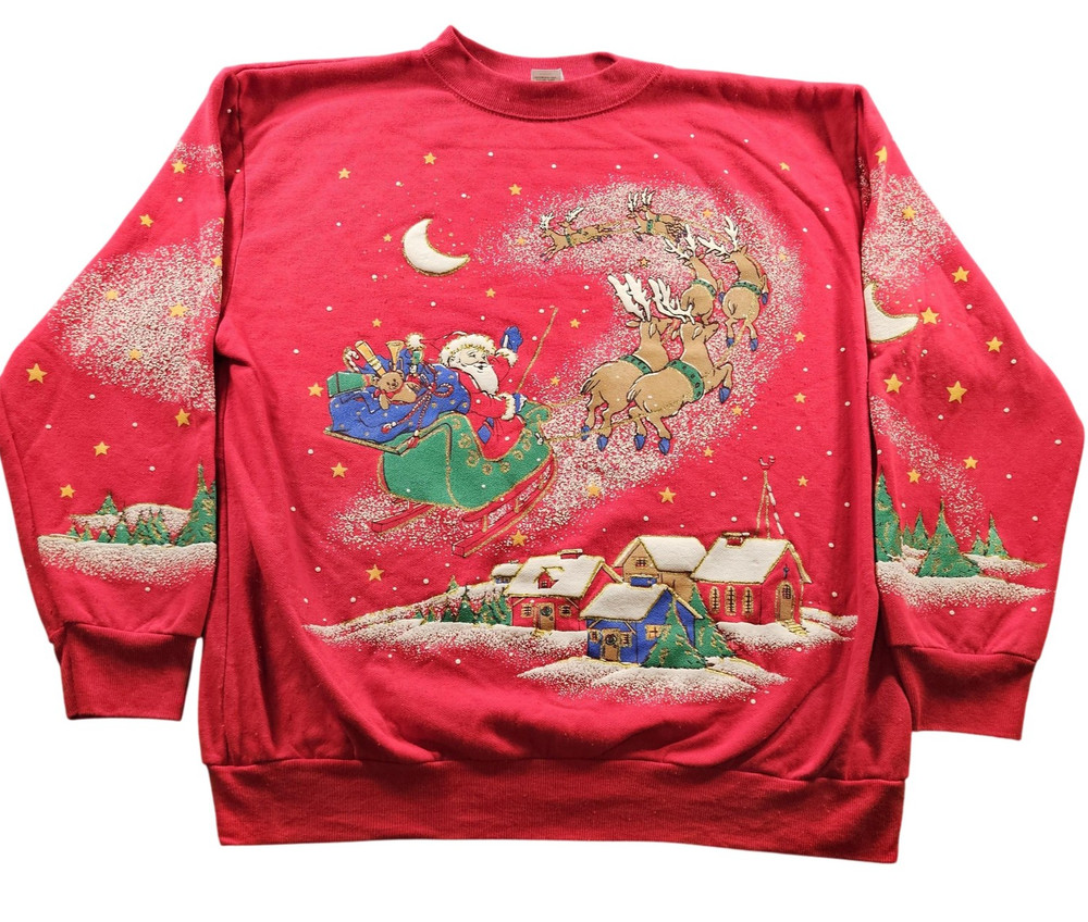 Vintage Holiday Time Sweatshirt Womens Medium Red Santa Reindeer Christmas 90s