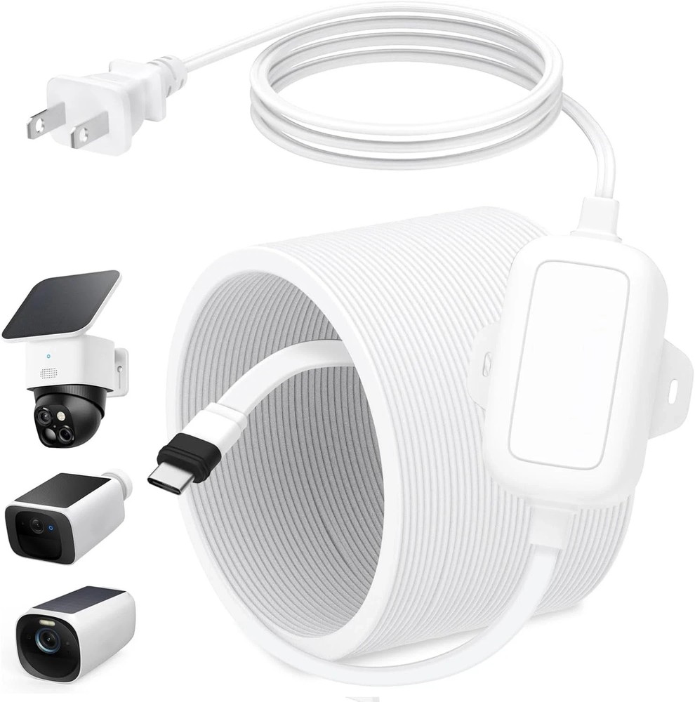 25ft Power Cable with Adapter for eufy SoloCam S340S220, C210, White