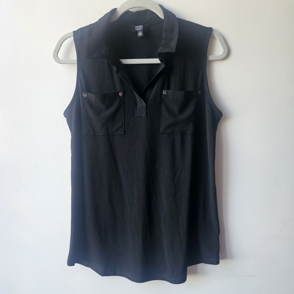 Jones New York Black Sleeveless V-Neck Blouse M Lightweight Button Pocket