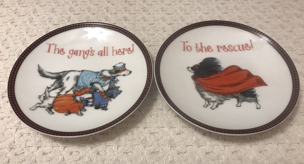 Pier 1 Imports Porcelain Plates Dogs Puppies In Costumes Set Of 2 Halloween