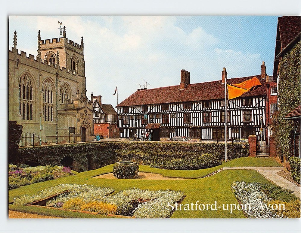 Postcard New Place, Guild Chapel & Falcon Hotel Stratford-upon-Avon England