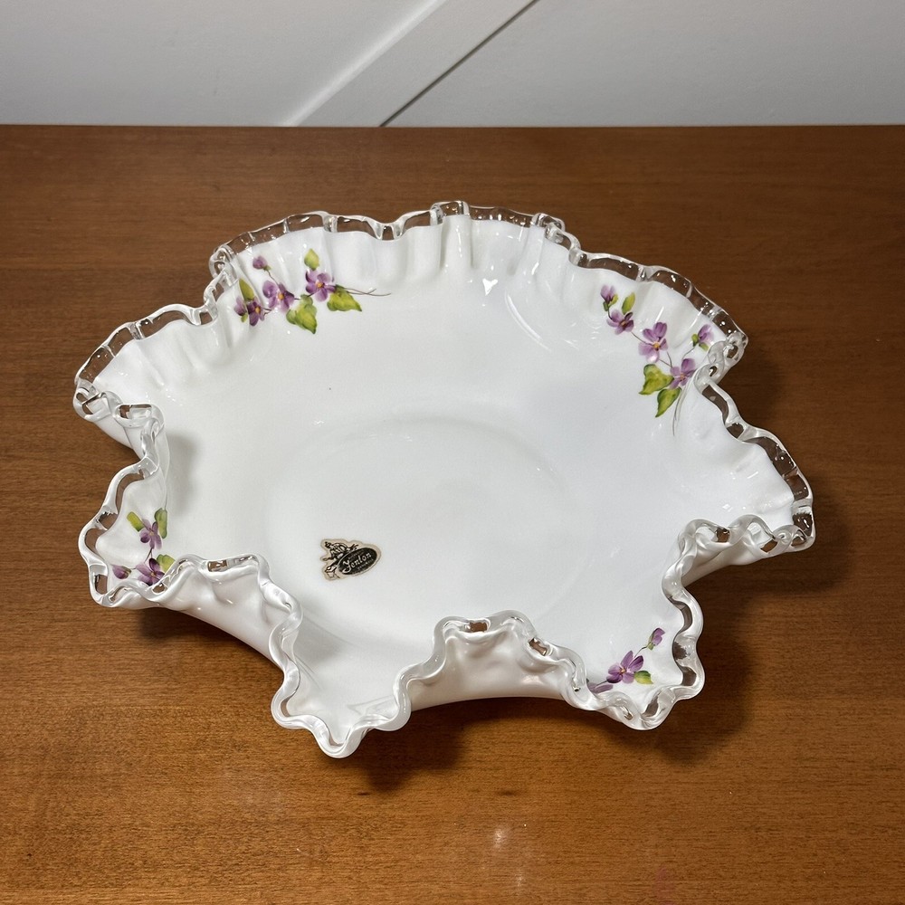 Vintage Fenton Silver Crest Violets in the Snow Bowl Art Glass Purple Floral