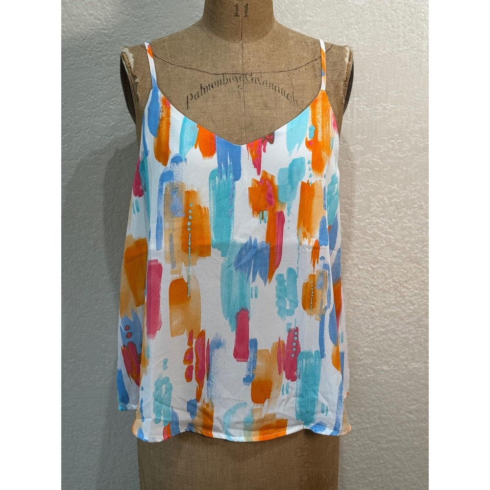 Perch Blu Pepper Womens 1X White Multicolor Abstract Brushstroke Cami Tank NWT