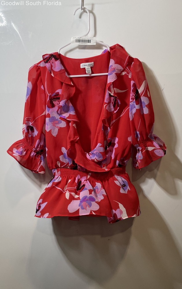 Calvin Klein Womens Multicolor Floral Ruffle V-Neck 3/4 Sleeve Blouse Top Size M