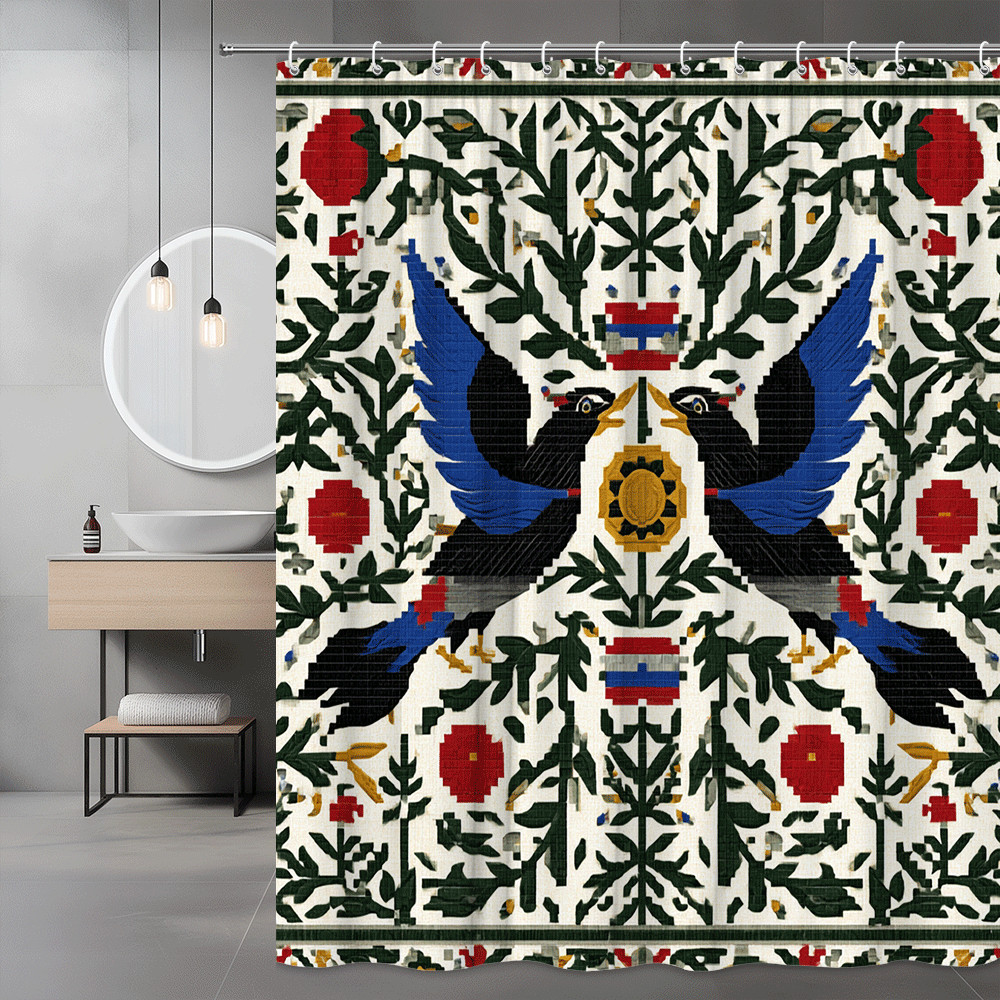Bird Floral Shower Curtain, Folk Art Print, Green Red Blue Pattern