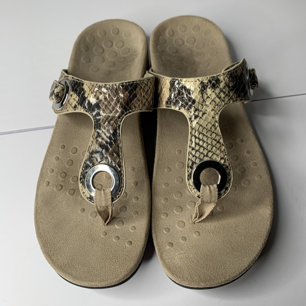 VIONIC Lana Snake Skin Sandals Women Size 7 Brown T-Strap Flip Flops