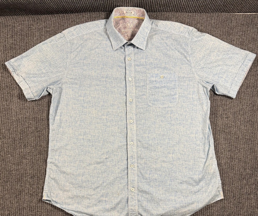 Bugatchi Uomo Shirt Mens Large Chambray Shaped Fit Short Sleeve Button Up Blue