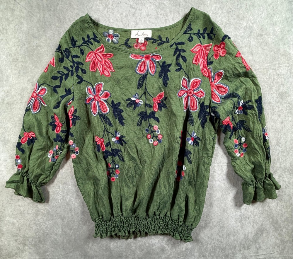 Anneliese M Olive Green Floral Embroidered Peasant Top Smocked Hem