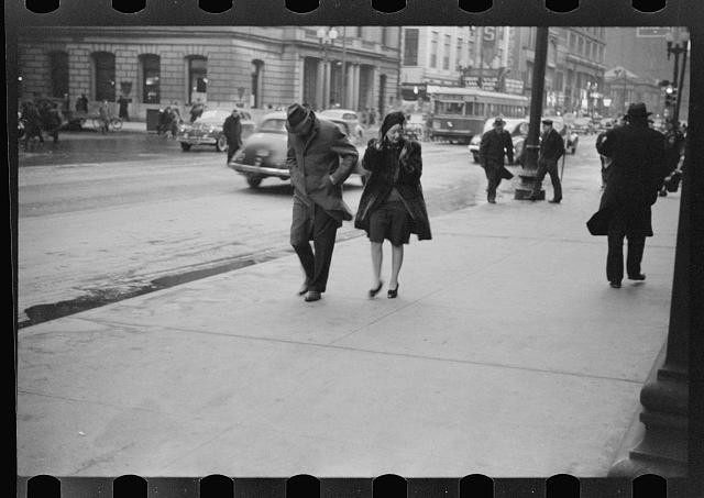 Photo:Indianapolis Indiana 1942 Rainy Street Scene Pedestrians Cars Buses