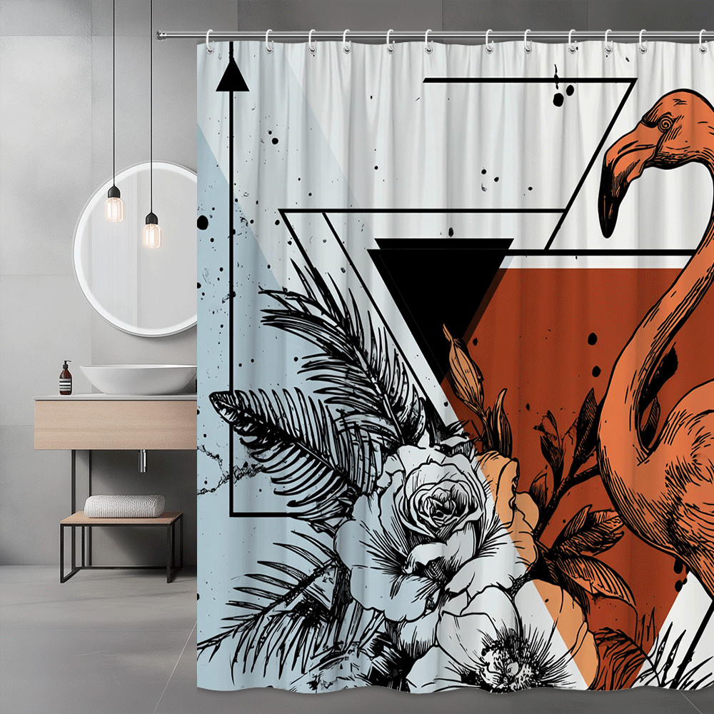 Flamingo Floral Geometric Shower Curtain Black White Orange