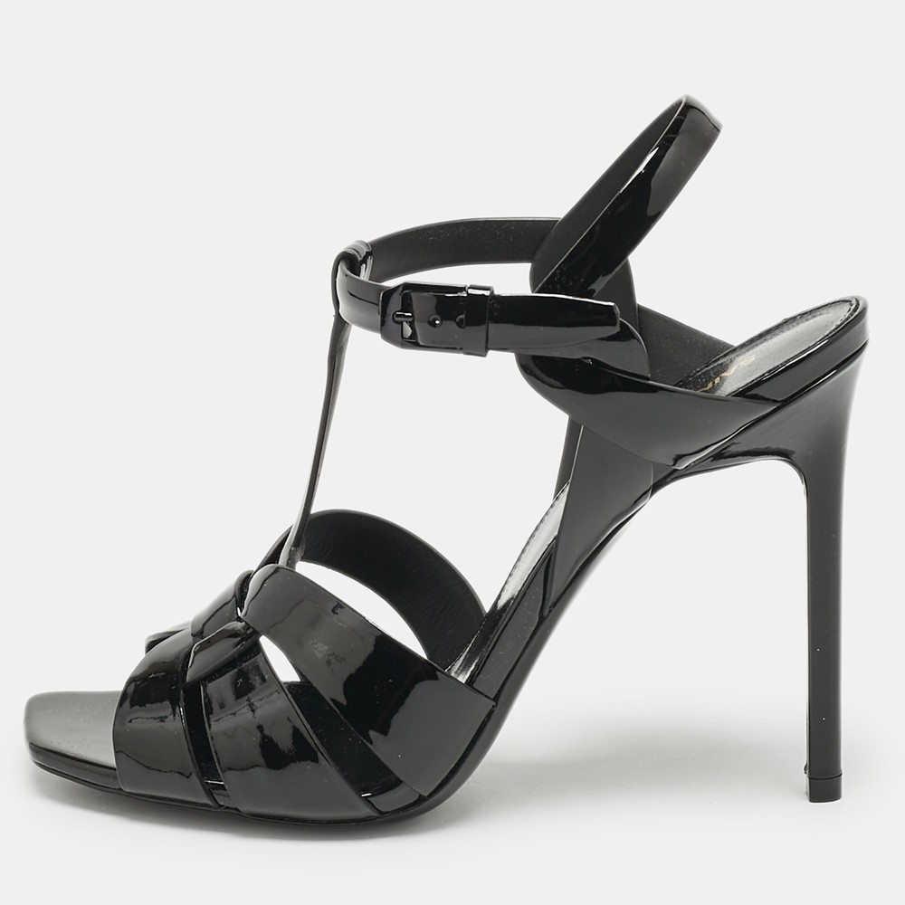 Saint Laurent Black Patent Leather Tribute Sandals Size 38 EU  