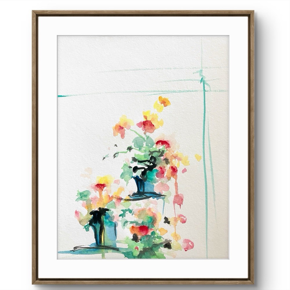 TITA PAINTZ Colorful Watercolor Flower Pots Botanical Hand Painted 9x12 Wall Art