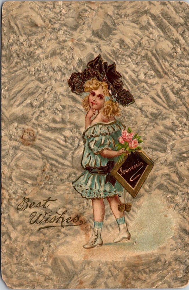 Vintage Souvenir Girl with Flowers Best Wishes Postcard