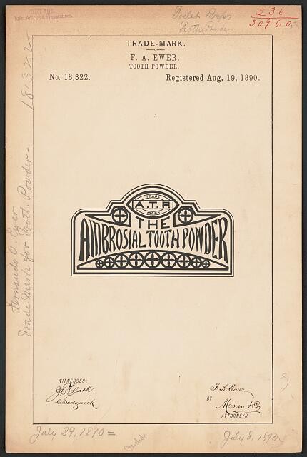 Photo:F A Ewer Ambrosial Tooth Powder Trademark Registration 1890