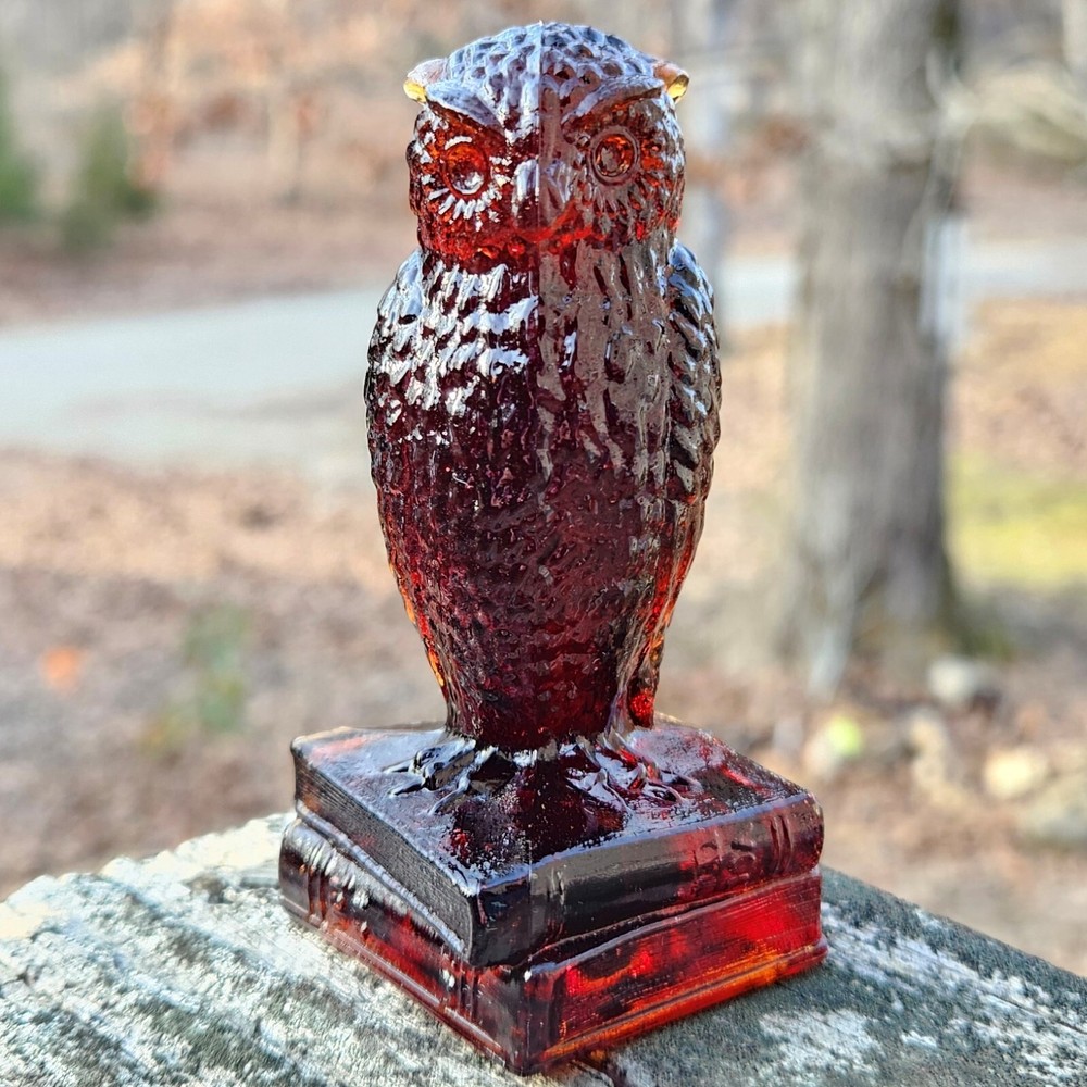 VINTAGE DEGENHART JABES AMBER GLASS OWL FIGURINE DARK AMBER RED RARE COLOR HTF