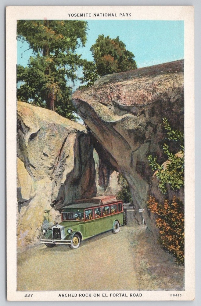Yosemite National Park Arched Rock El Portal Road Vintage Bus Postcard