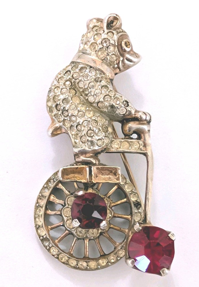 Vintage 40's Frank Gargano Bear On Circus Bicycle Brooch Sterling Vermeil RARE