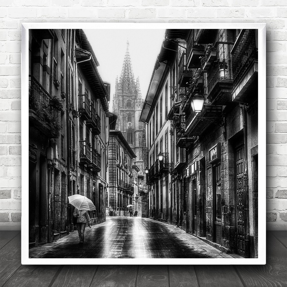 Street B&W Umbrella Person Church Cathedral Alley Lamp Facade Square Art Print
