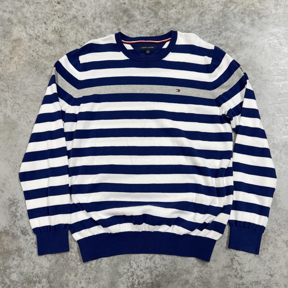 Tommy Hilfiger Sweater Mens XL Blue White Stripe Crewneck Knit Pullover Logo