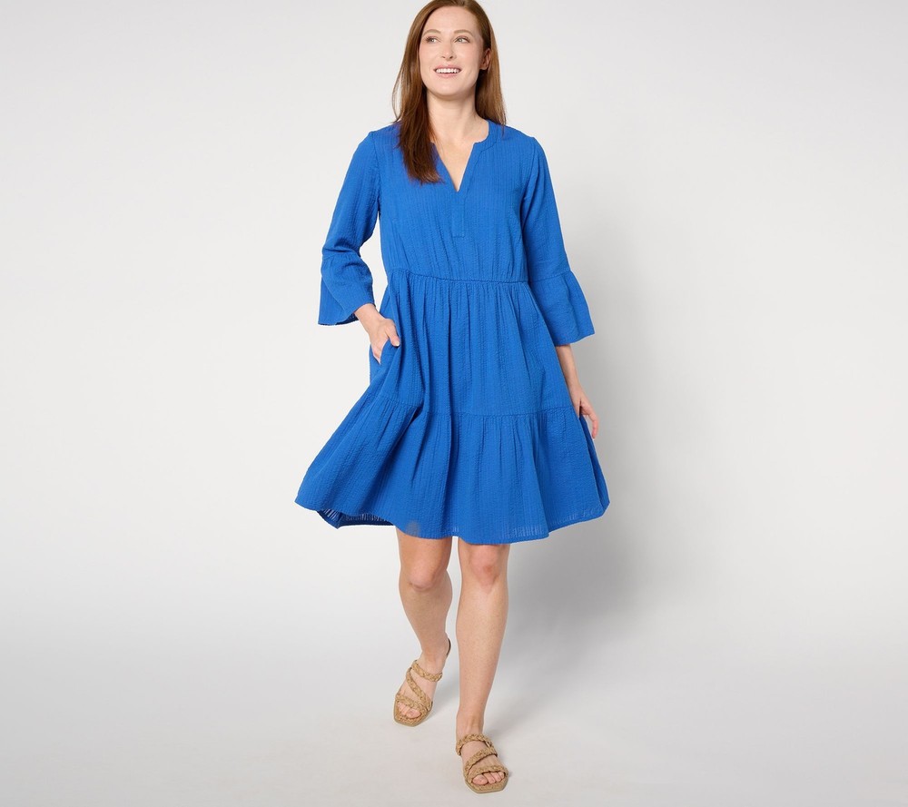 Destination 365 Women's Petite Dress PM Seersucker Knee-Length Blue A633134