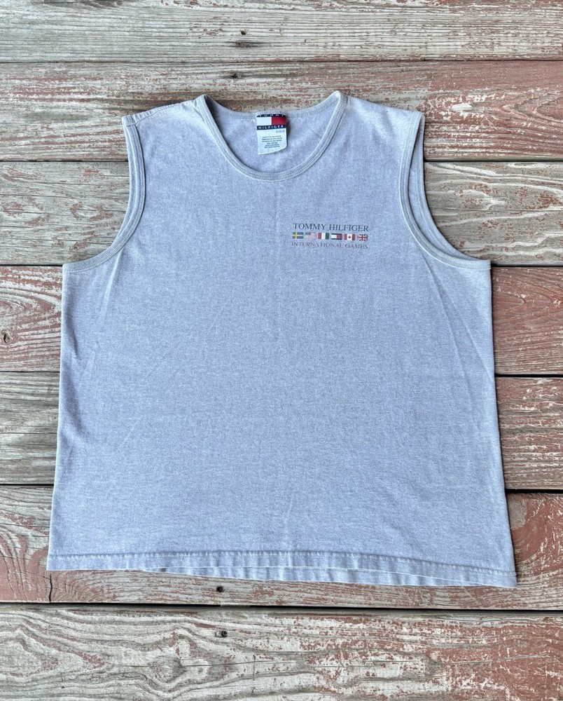 Vintage 90s Tommy Hilfiger Sleeveless T-Shirt Mens XL Grey International Flags