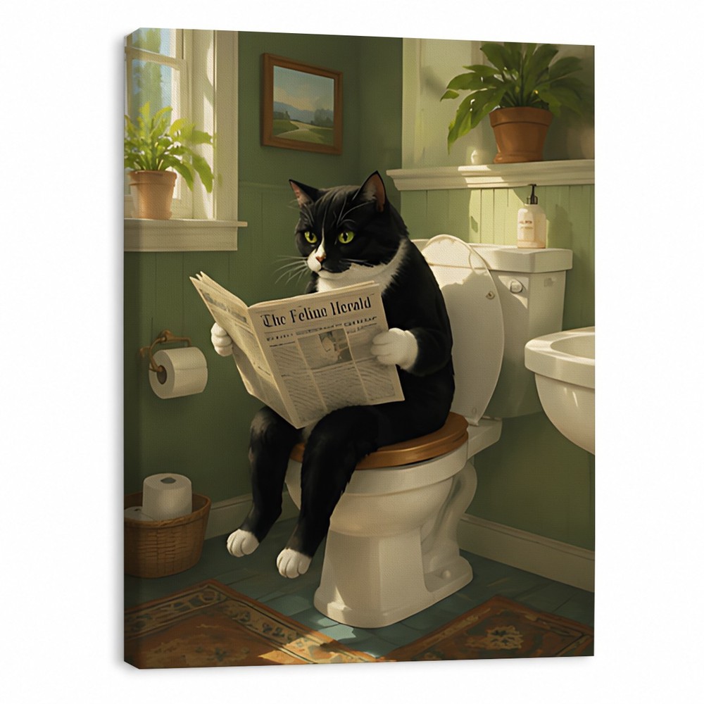 Funny Tuxedo Cat Reading Newspaper on Toilet Canvas Wall Art