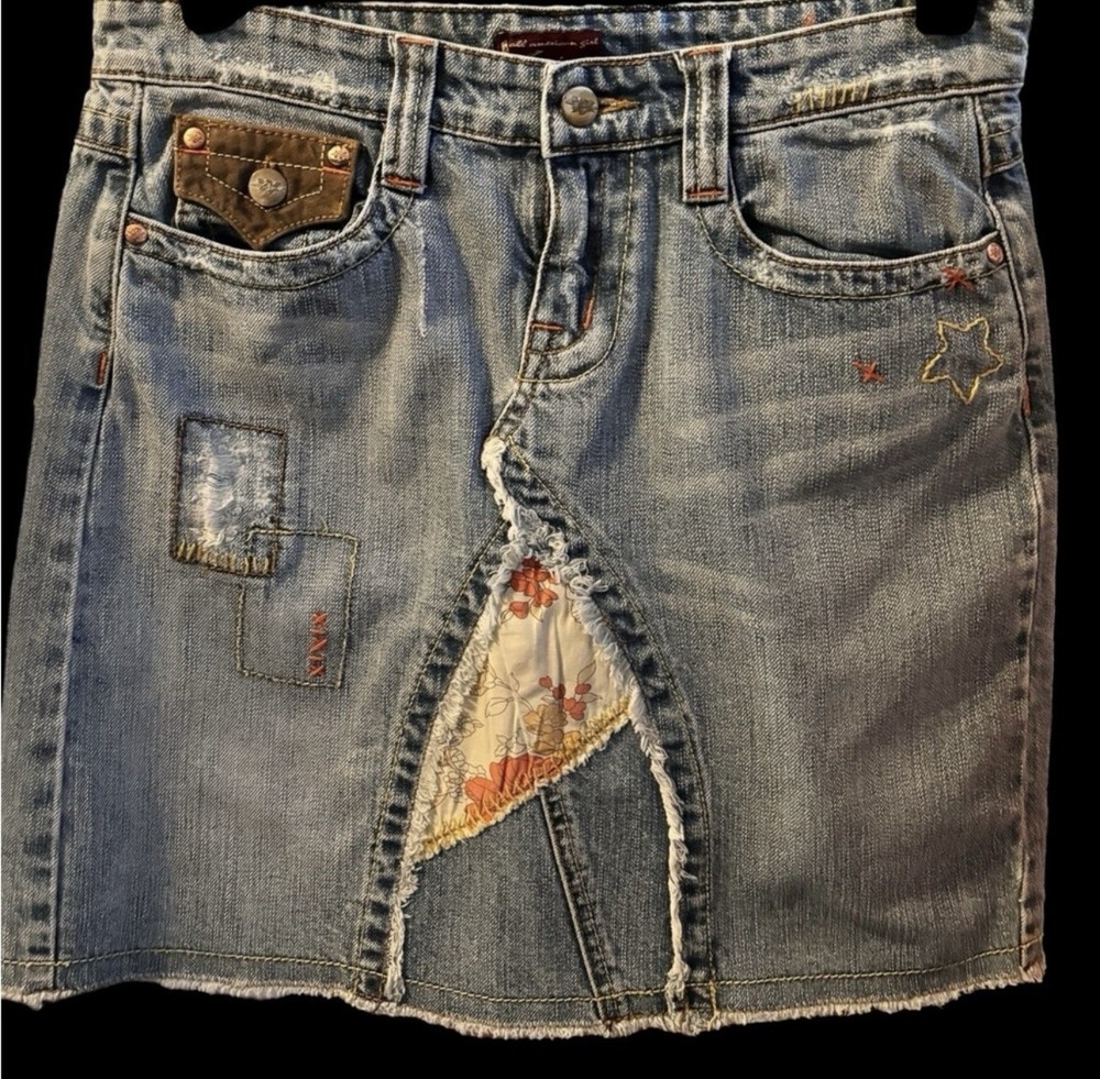 WAX JEANS Y2K Bohemian Blue Denim Mini Skirt with Embroidery EPOC Sz. 26