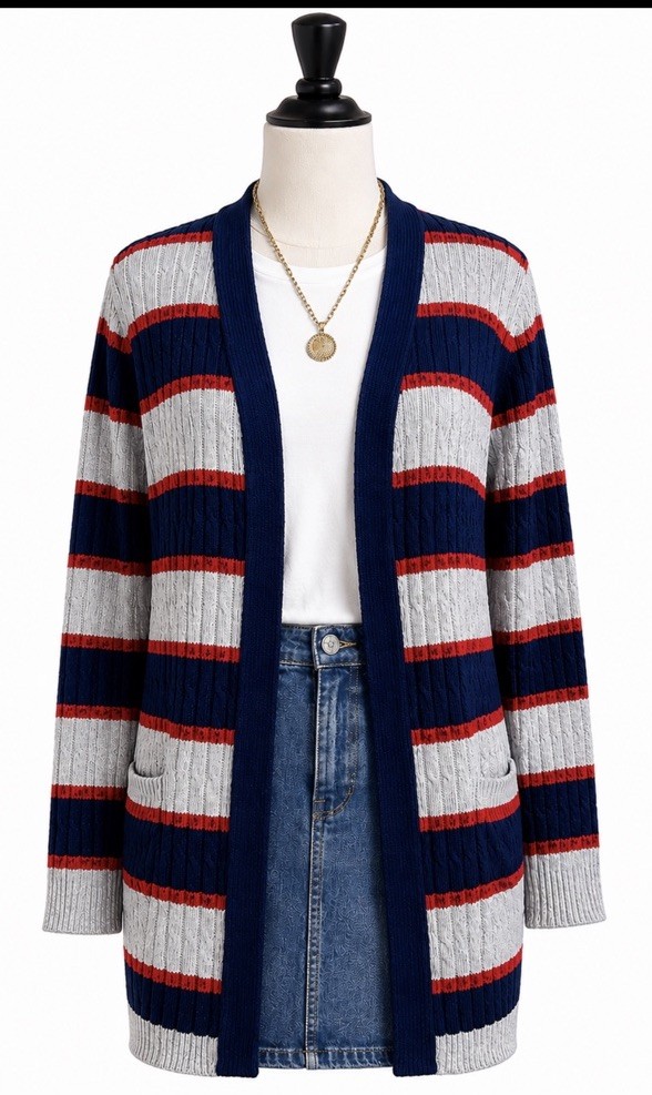 Lands End Women’s Cardigan Sweater Size 1X Blue & Red Stripe Cable Knit