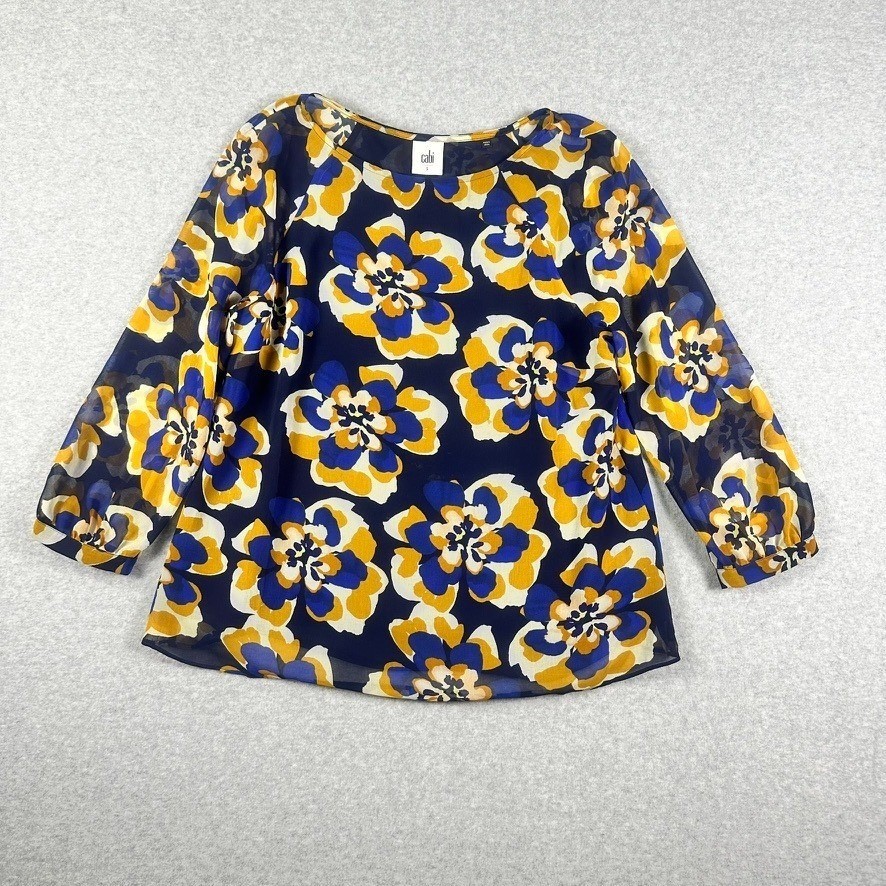 Cabi Womens Navy Blue Floral Print Sheer Long Sleeve Blouse Top Size S