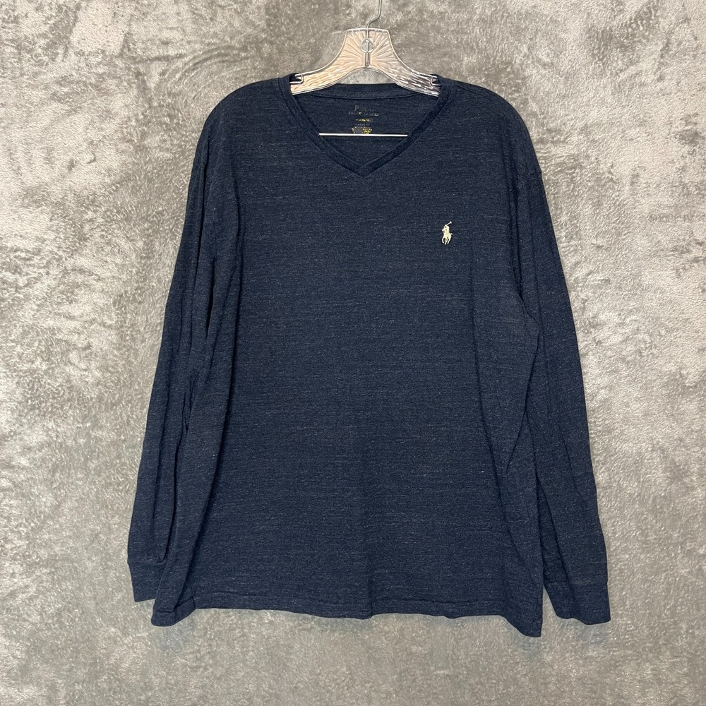 Polo Ralph Lauren Men Classic Heathered Pony Blue V Neck Long Sleeve T Shirt M
