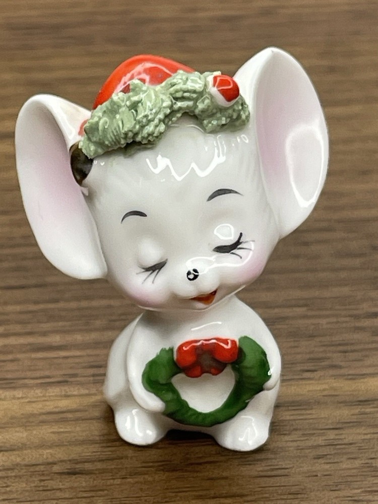 Vintage Napco Ceramic Christmas Mouse in Hat Figurine