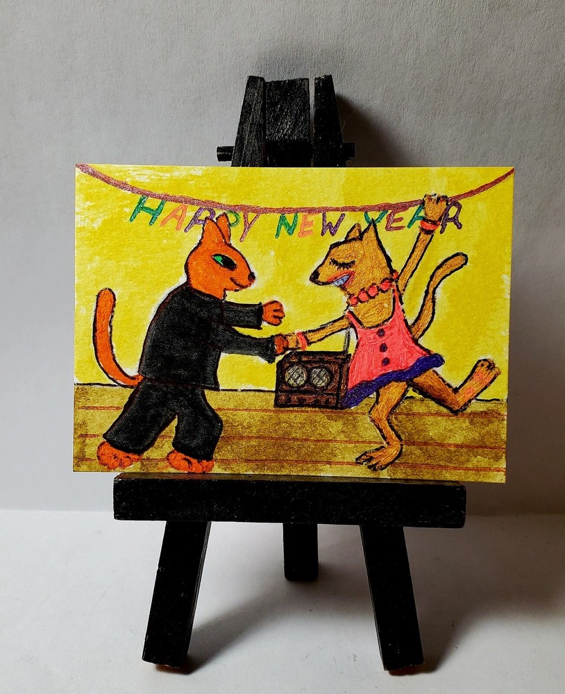 Aceo Original Painting Cats Celebrating New Years