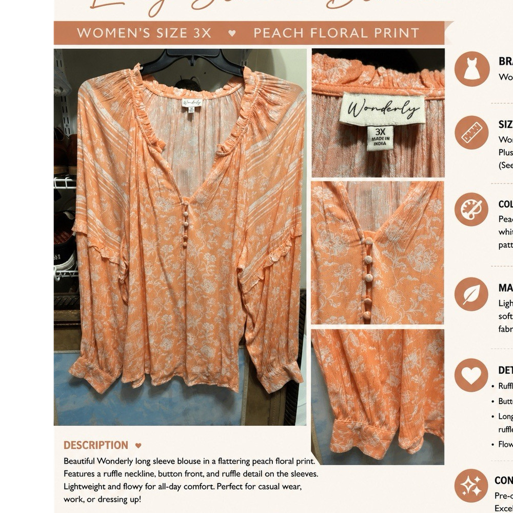 Wonderly Women’s Plus 3X Peach/White Floral V-Neck Long Sleeve Ruffle Blouse